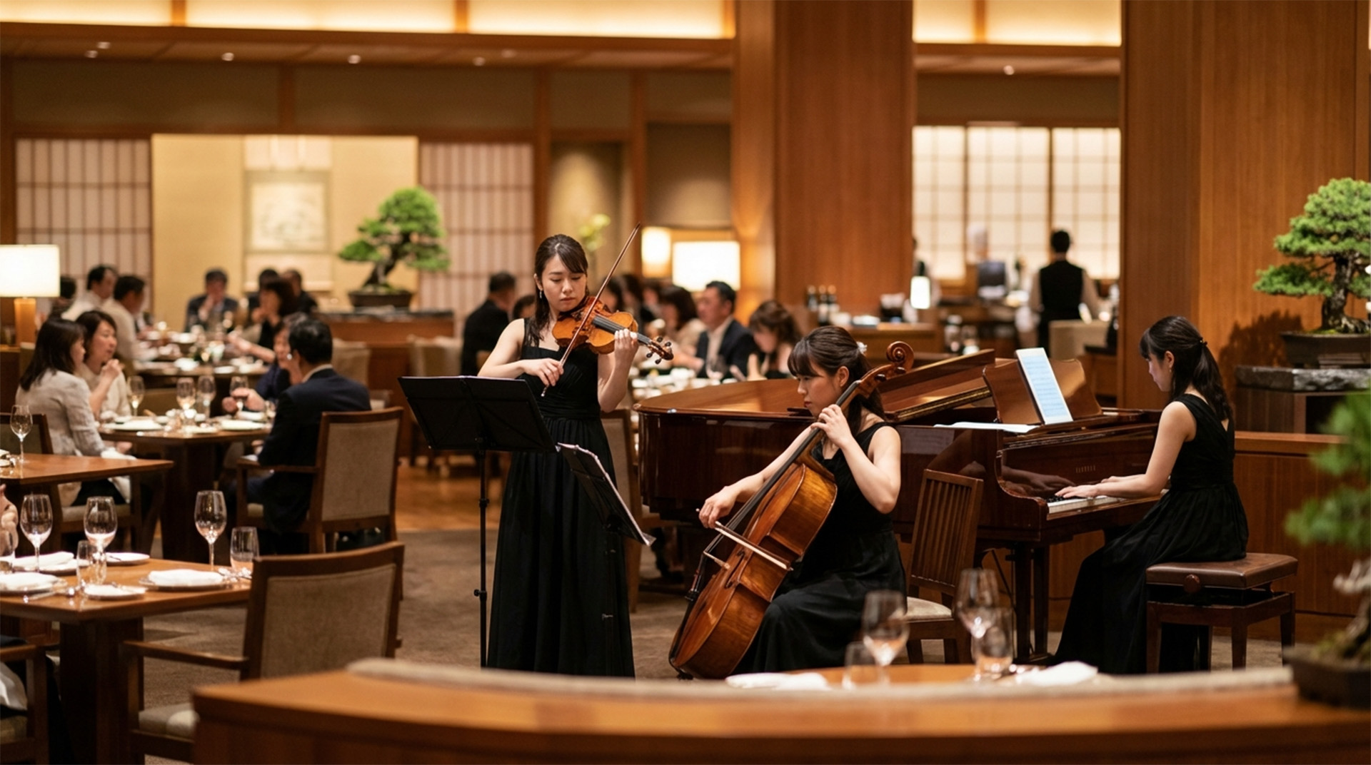 ホテル・レストラン・カフェでの演奏。上質な飲食空間でクラシック音楽を演奏している様子
